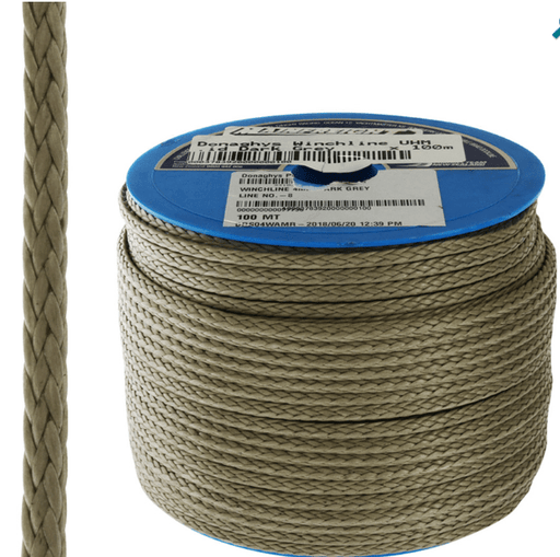Winchline UHM12-12mm x Meter - RBRS12WAM shown on a spool with light grey braided rope.