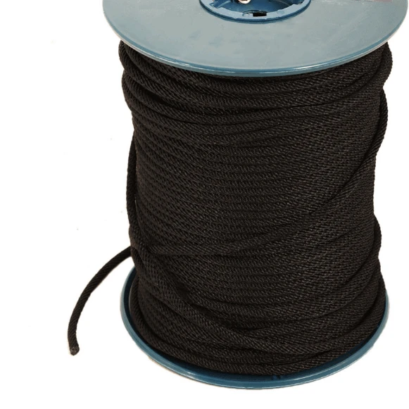 Donaghys Sash Cord 150m Reel in black, showcasing solid braid and spiral braid for versatile applications.