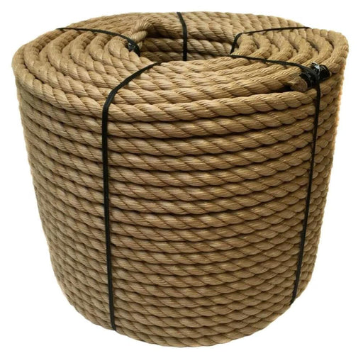 Synthetic PPE Manila Rope 20mm x Metre coiled in dark tan color, suitable for various applications.