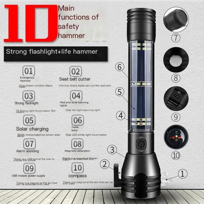 Mead's Supply & Equipment Outfitters limited Flashlights High-Power Solar Rechargeable Flashlight with Emergency Hammer High-Power Solar Rechargeable Flashlight with Emergency Hammer