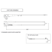 Technical drawing of the E95P arm for Hardtop Premium Wiper package 64mm shaft featuring dimensions and spray nozzle.