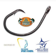 20/0 Lazer Sharp L2045RH Circle hook with endorsement logos for tournament approval.