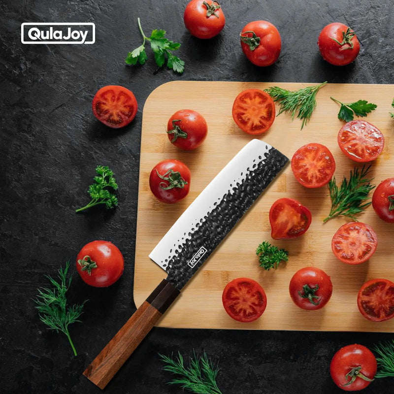 Qulajoy 7 Inch Santoku Knife - Professional Japanese Chef Knife - Razor Sharp 9cr18mov Blade - Hammered Kitchen Knife - Octagonal Rosewood Handle With Sheath - Nakiri by China Dropship