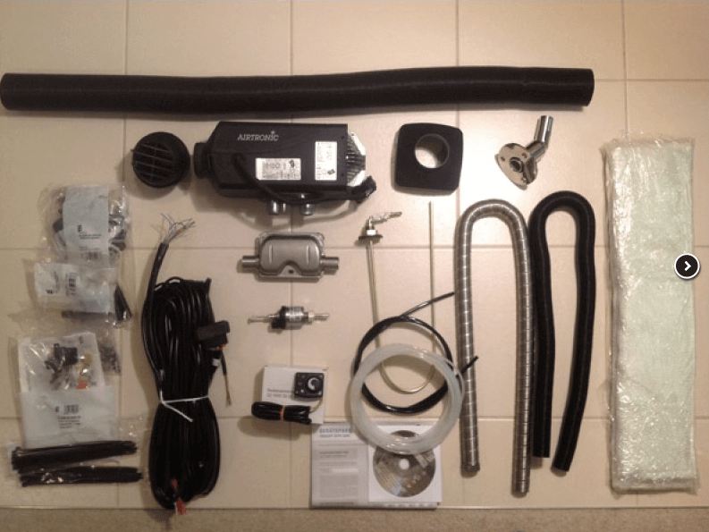 Eberspacher Airtronic D2 Marine Heater installation kit with various components laid out for easy assembly.