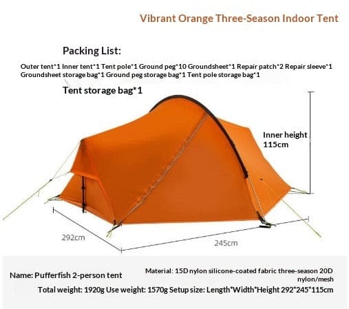 Mead's Supply & Equipment Outfitters limited Pufferfish 2-Person Ultralight Three-Season Tent 15D Nylon Pufferfish 2 Person Tent Ultralight Three Season
