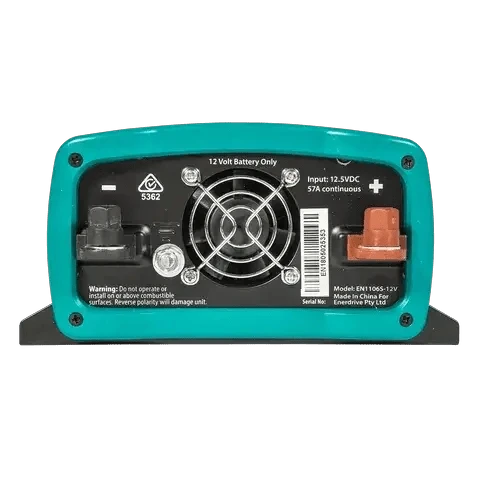 Epower 600w/12v PSW Inverter Gen2 rear view with battery input, cooling fan, and wiring terminals