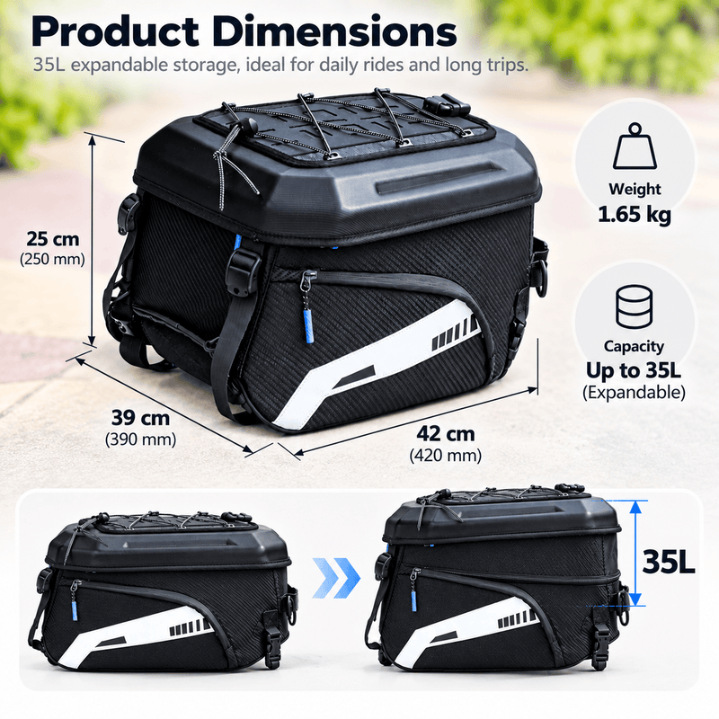 ECOTREK Motorcycle Tail Bags ECOTREK 35L Expandable Motorcycle Tail Bag – Hard Shell Rear Seat Helmet Bag BQF1172 ECOTREK 35L Expandable Motorcycle Tail Bag – Hard Shell Rear Seat Helmet Bag BQF1172