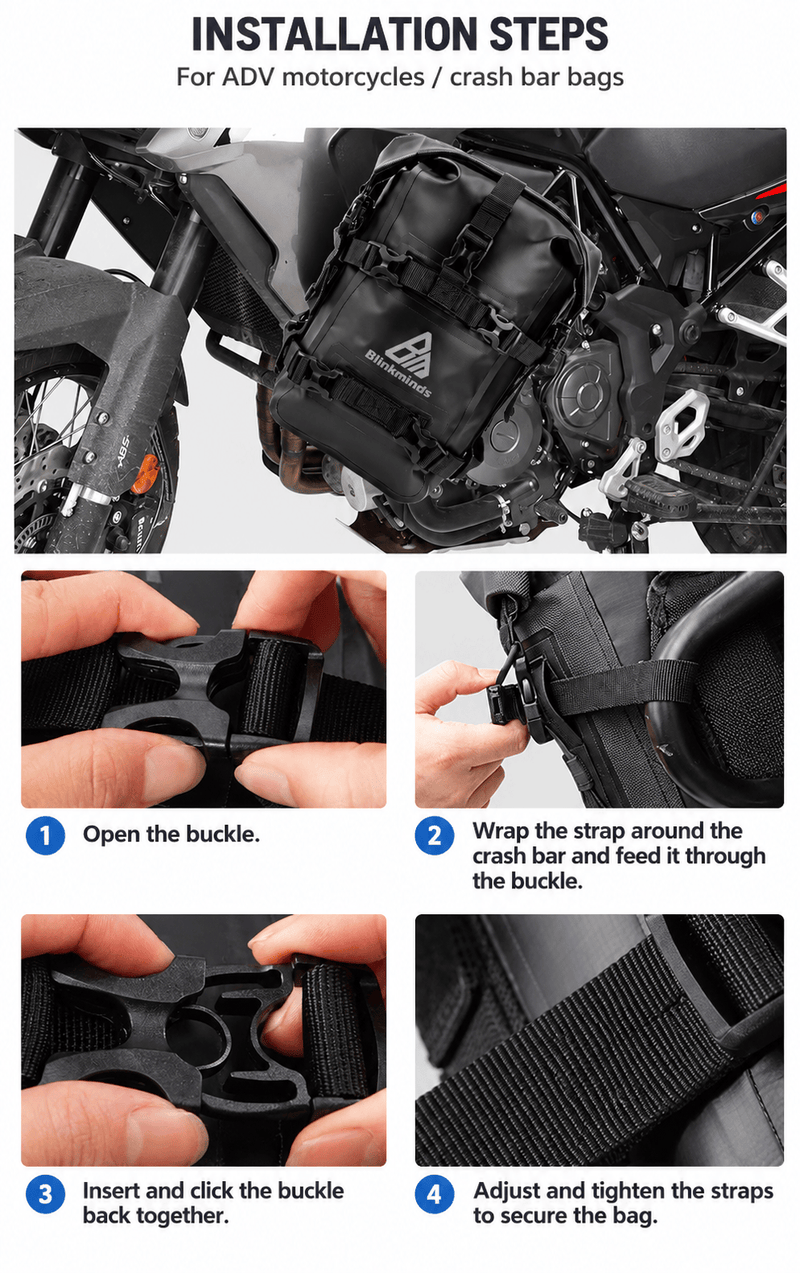 ECOTREK Motorcycle Crash Bar Bags Motorcycle Waterproof PVC Crash Bar Bag – 5–8L Roll-Top Adventure Storage Pouch BQF1125 Motorcycle Waterproof PVC Crash Bar Bag – 5–8L Roll-Top Adventure Storage Pouch BQF1125