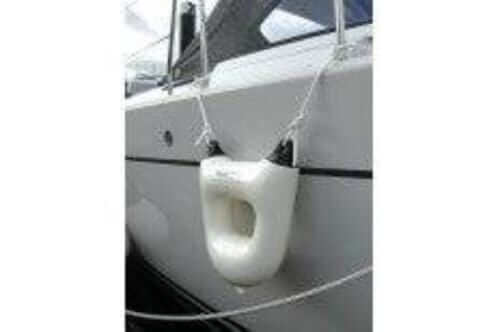 Dan Fender 2 Step fender mounted on a boat, showcasing heavy-duty inflatable design for easy boarding.