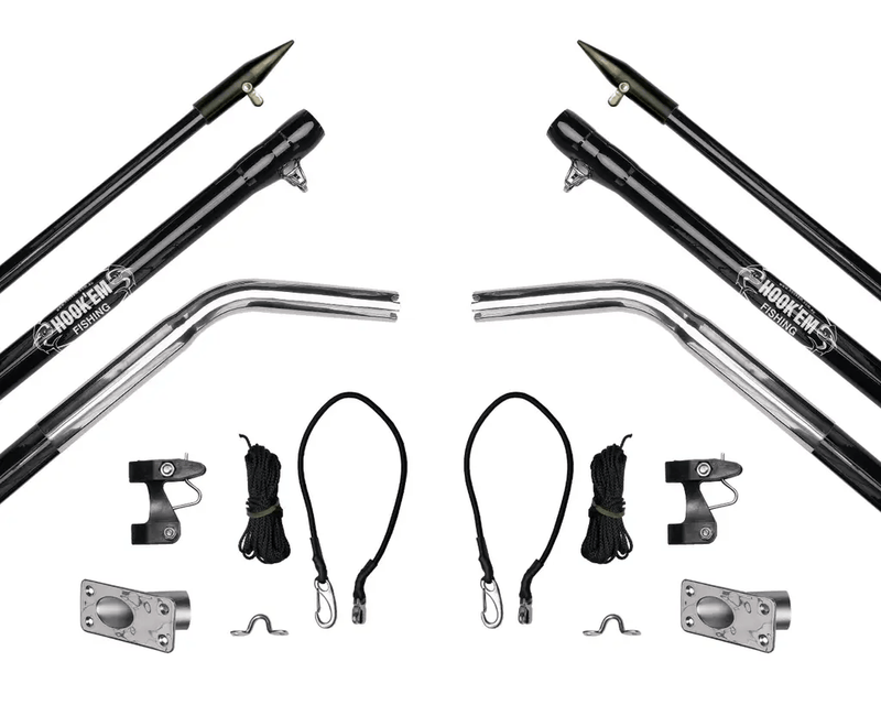 Hook Em Complete Outrigger Set - Includes 2 x 4.5m (15ft) 3 Piece Black Fibreglass Poles (Approx 41mm OD) with Aluminium