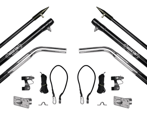 Hook Em Complete Outrigger Set - Includes 2 x 4.5m (15ft) 3 Piece Black Fibreglass Poles (Approx 41mm OD) with Aluminium