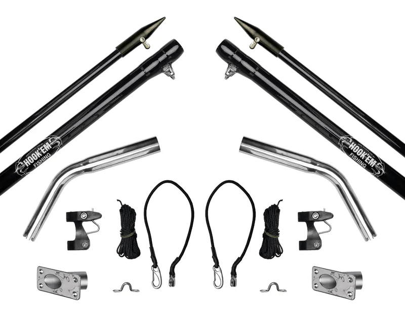 Hook Em Complete Outrigger Set - Includes 2 x 3.0m (10ft) 2 Piece Black Fibreglass Poles (Approx 36mm OD) with Aluminium