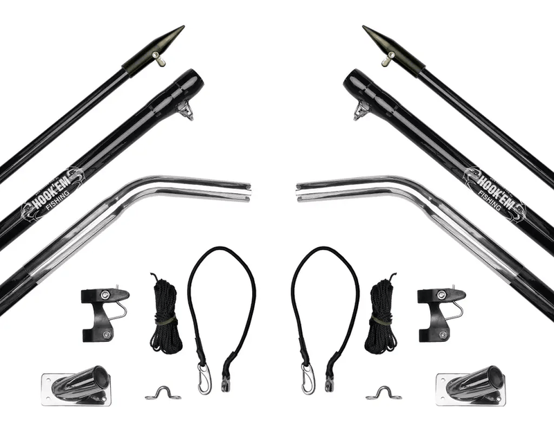 Hook Em Complete Outrigger Set - Includes 2 x 4.5m (15ft) 3 Piece Black Fibreglass Poles (Approx 41mm OD) with Aluminium