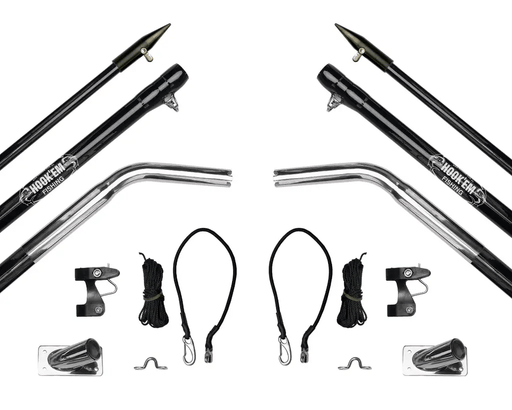 Hook Em Complete Outrigger Set - Includes 2 x 4.5m (15ft) 3 Piece Black Fibreglass Poles (Approx 41mm OD) with Aluminium