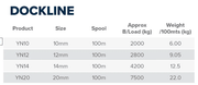 Nylon Dock Line -100m- Reels x 10 12 14 16 18 20 24mm product specifications table showing sizes and weight.