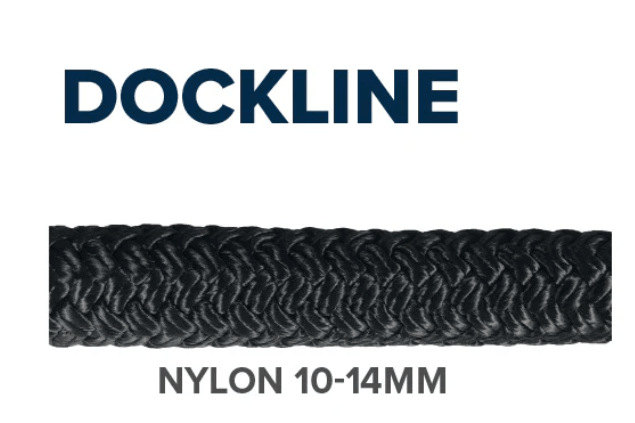 Nylon Dock Line -100m- Reels x 10 12 14 16 18 20 24mm showing black braided nylon rope in 10-14mm size.