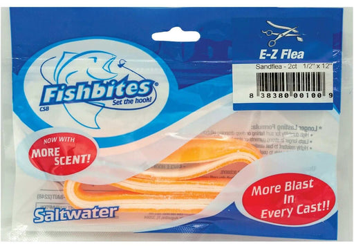 EZ Long Lasting Flea - Orange/White Fish’n Strip bait for surf fishing; ideal for various fishing conditions.