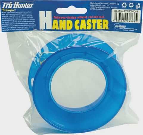PRO HUNTER HAND CASTER 15LB 4" packaging showing blue hand caster for fishing.