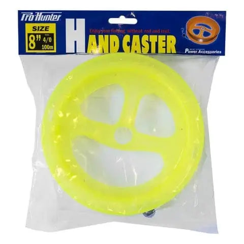 PRO HUNTER HAND CASTER 40LB 8" bright yellow hand caster packaging for easy fishing without rod and reel.