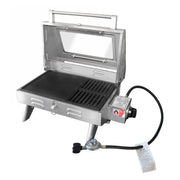 Kiwi Sizzler Gas BBQ - Window Top 316S/S with Flame Guard, featuring a removable drip tray and cast iron cooking surface.