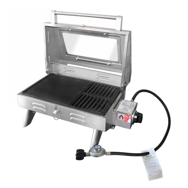 Kiwi Sizzler Gas BBQ - Window Top 316S/S with Flame Guard, featuring a removable drip tray and cast iron cooking surface.