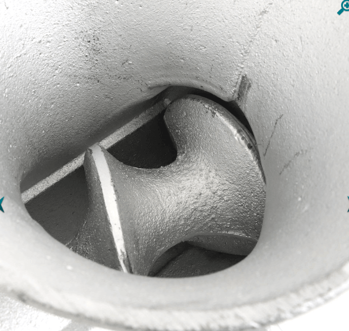 Anglers Mate Bolt On Mincer Size 32 internal view showing steel arm and blade details.