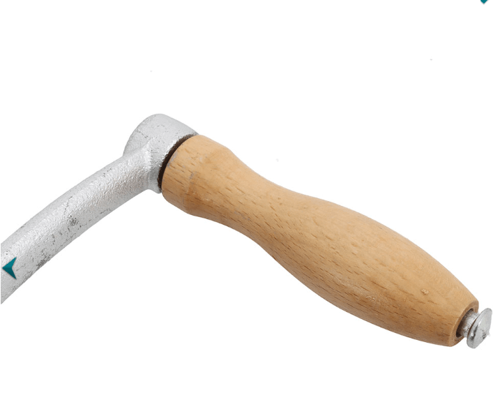 Anglers Mate Bolt On Mincer Size 32 wooden handle detail with steel arm and anti-rust coating.