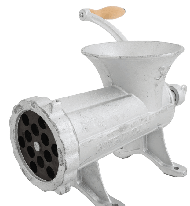 Anglers Mate Bolt On Mincer Size 32 with wooden handle and steel components for benchtop use.