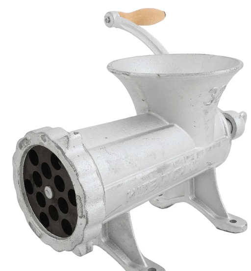Anglers Mate Bolt On Mincer Size 32 with wooden handle and steel components for benchtop use.