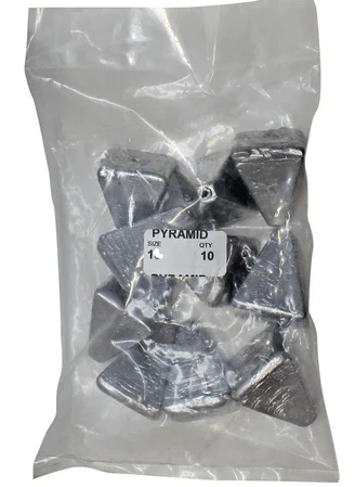 Pyramid Sinkers size 1 Small Bags (8pcs) in a clear plastic bag, ideal for fishing weights.