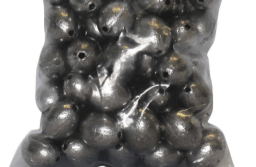 Egg Sinker Bulk Pack 1/4oz (100 per pack) in a clear bag filled with black fishing weights.