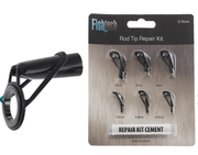 Fishtech Rod Tip Repair Kit with six rod tips and quick dry cement for fast fishing repairs.