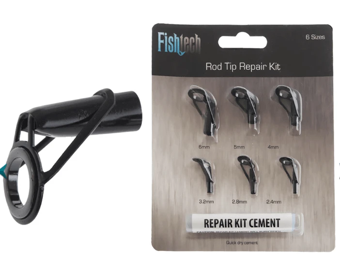 Fishtech Rod Tip Repair Kit with six rod tips and quick dry cement for fast fishing repairs.