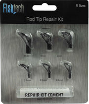 Fishtech Rod Tip Repair Kit containing six sizes of replacement rod tips and quick dry cement for easy repairs.