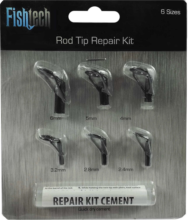Fishtech Rod Tip Repair Kit containing six sizes of replacement rod tips and quick dry cement for easy repairs.