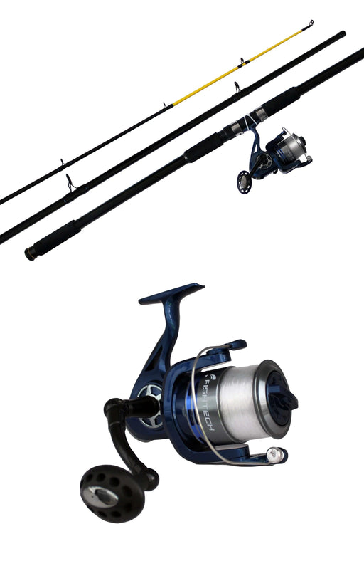 Fishtech Surf Combo 12ft 3pce Solid Fibreglass Fishing Rod with spinning reel and fishing line