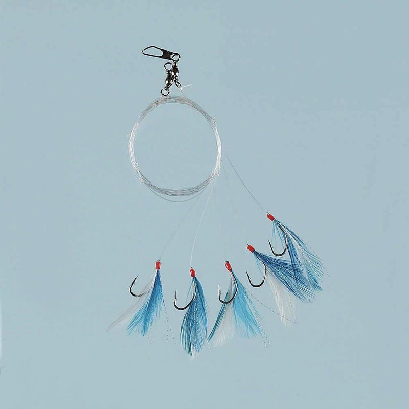 Deep Sea Rig Mackerel Feather 5 x size 8 Hook with blue and white glitter flys and needle-sharp hooks.
