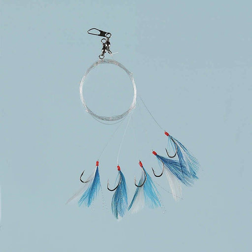 Deep Sea Rig Mackerel Feather 5 x size 8 Hook with blue and white glitter flys and needle-sharp hooks.