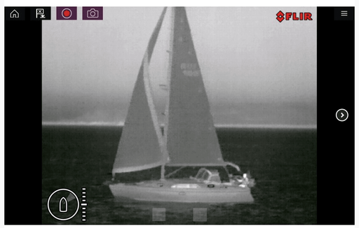 FLIR M232 Pan/Tilt Camera view of sailing vessel at night with thermal imaging features.
