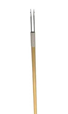 Flounder Spear Double Prong Wooden Handle, a fishing tool for catching flounder with two prongs on a wooden handle.