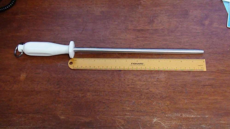 V6 FLUGEL 306 Polished 30cm Sharpening Steel with easy grip, non-slip handle, alongside a ruler for size reference.