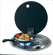 Flush Fitting Single Burner Gas Hob – Tempered Glass & Stainless Steel with frying pan on the burner