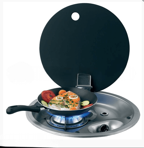 Flush Fitting Single Burner Gas Hob – Tempered Glass & Stainless Steel with frying pan on the burner