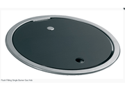 Flush Fitting Single Burner Gas Hob – Tempered Glass & Stainless Steel on a sleek round design with smoked glass lid.