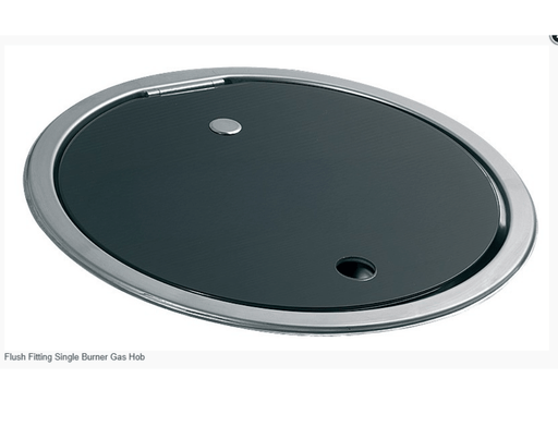 Flush Fitting Single Burner Gas Hob – Tempered Glass & Stainless Steel on a sleek round design with smoked glass lid.