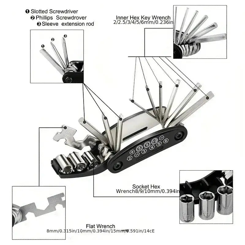 Folding Bike & Motorcycle Repair Tool Kit (16 in 1) by Habicare