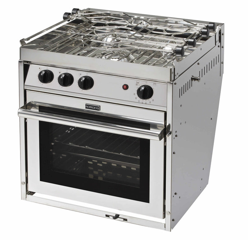 Force 10 - 3 Burner Premium Quality 26 Litre Oven with stainless steel finish and three burners for cooking.
