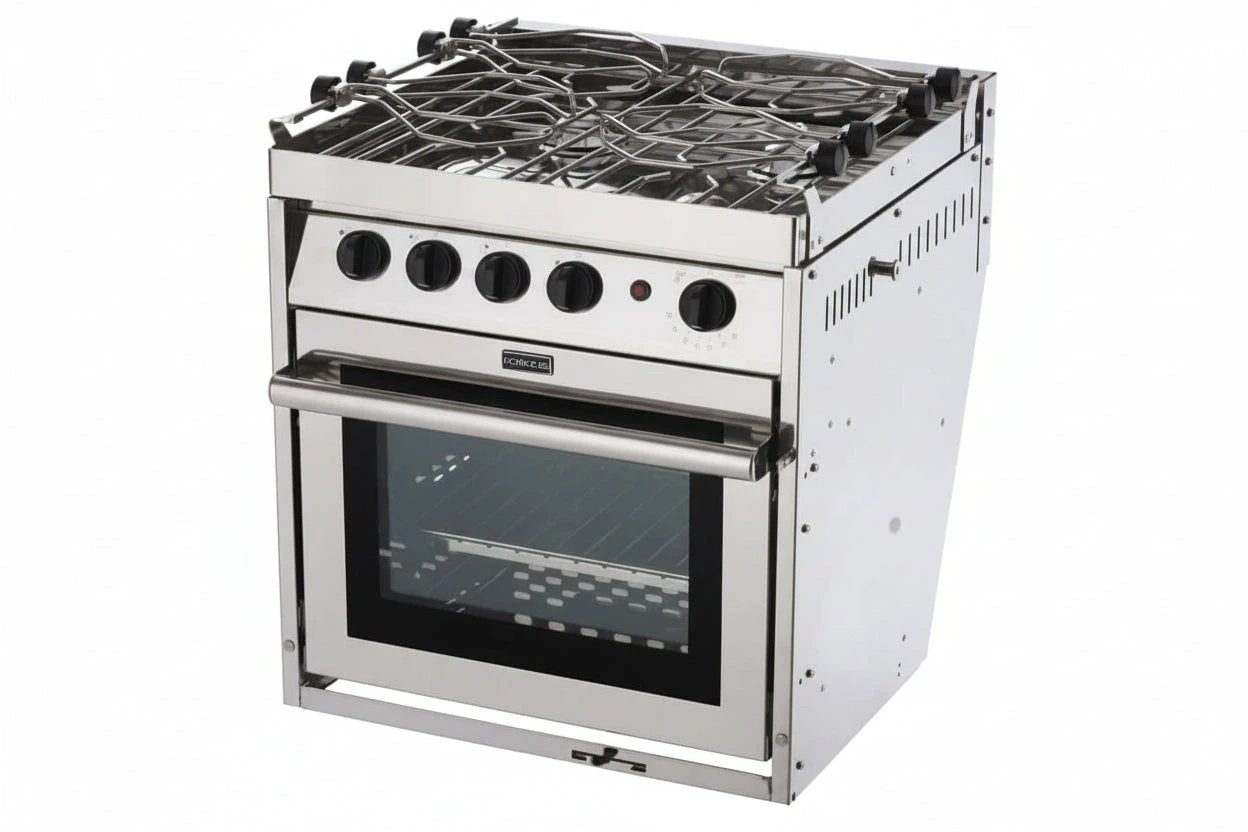 Force 10 - 4 Burner Gimballed Oven showcasing stainless steel design and features like electronic spark ignition.