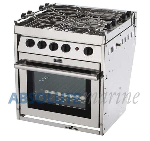 Force 10 - 4 Burner Gimballed Oven showcasing stainless steel design and features like electronic spark ignition.