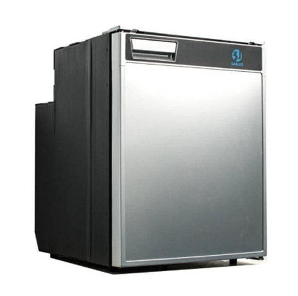 Freucamp 85L Right Hinged 12/24V Fridge/Freezer in sleek silver design, showcasing side view